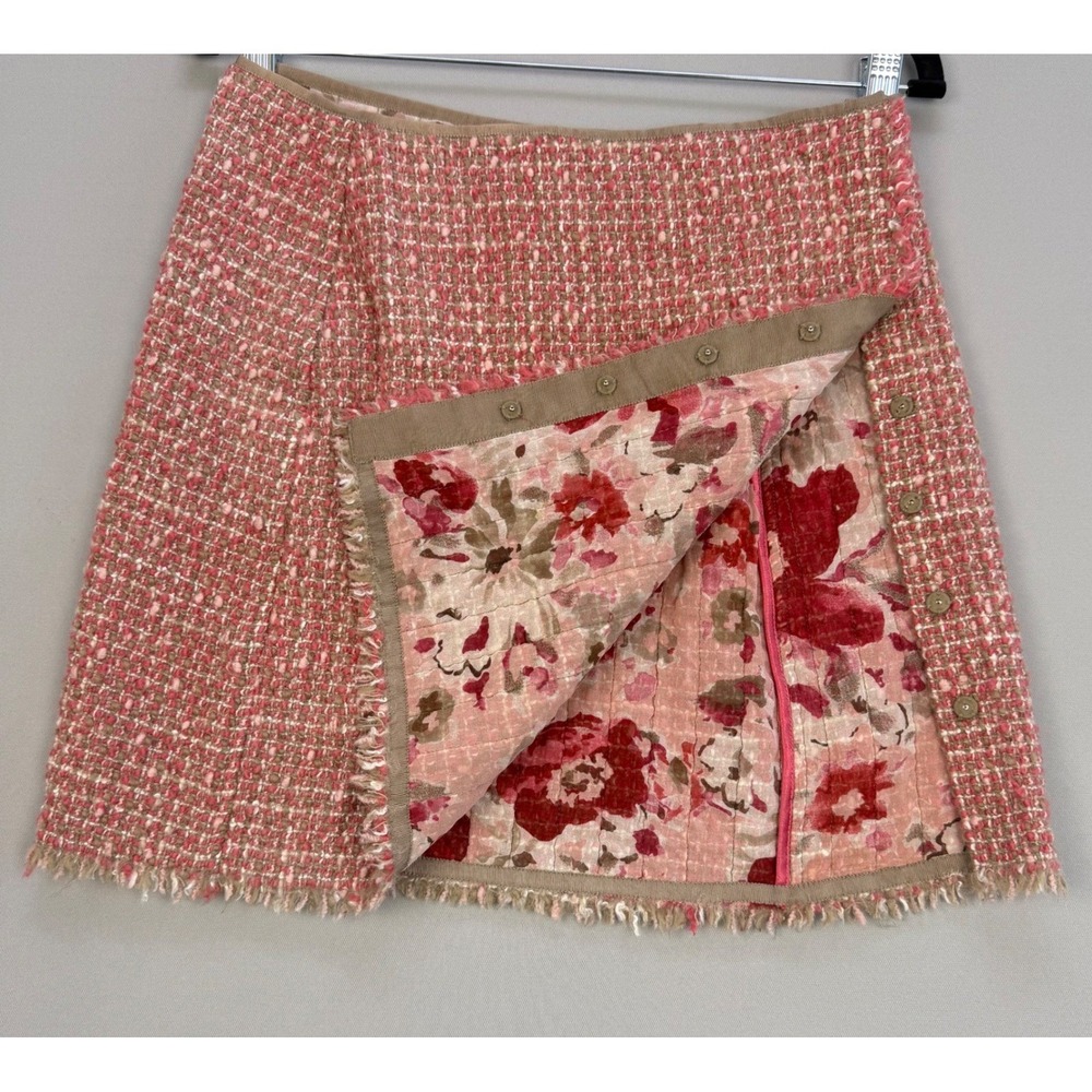 Elie Tahari Reversible Woven Tweed Quilted Floral Wrap Mini Skirt Raw Fringe Hem